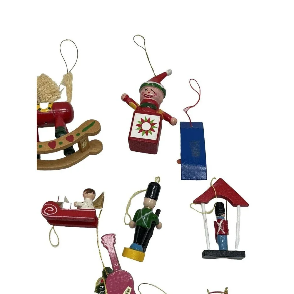 Lot 15 Christmas Ornaments Wood Vintage Mini Wooden Painted Angel Drum Snowman